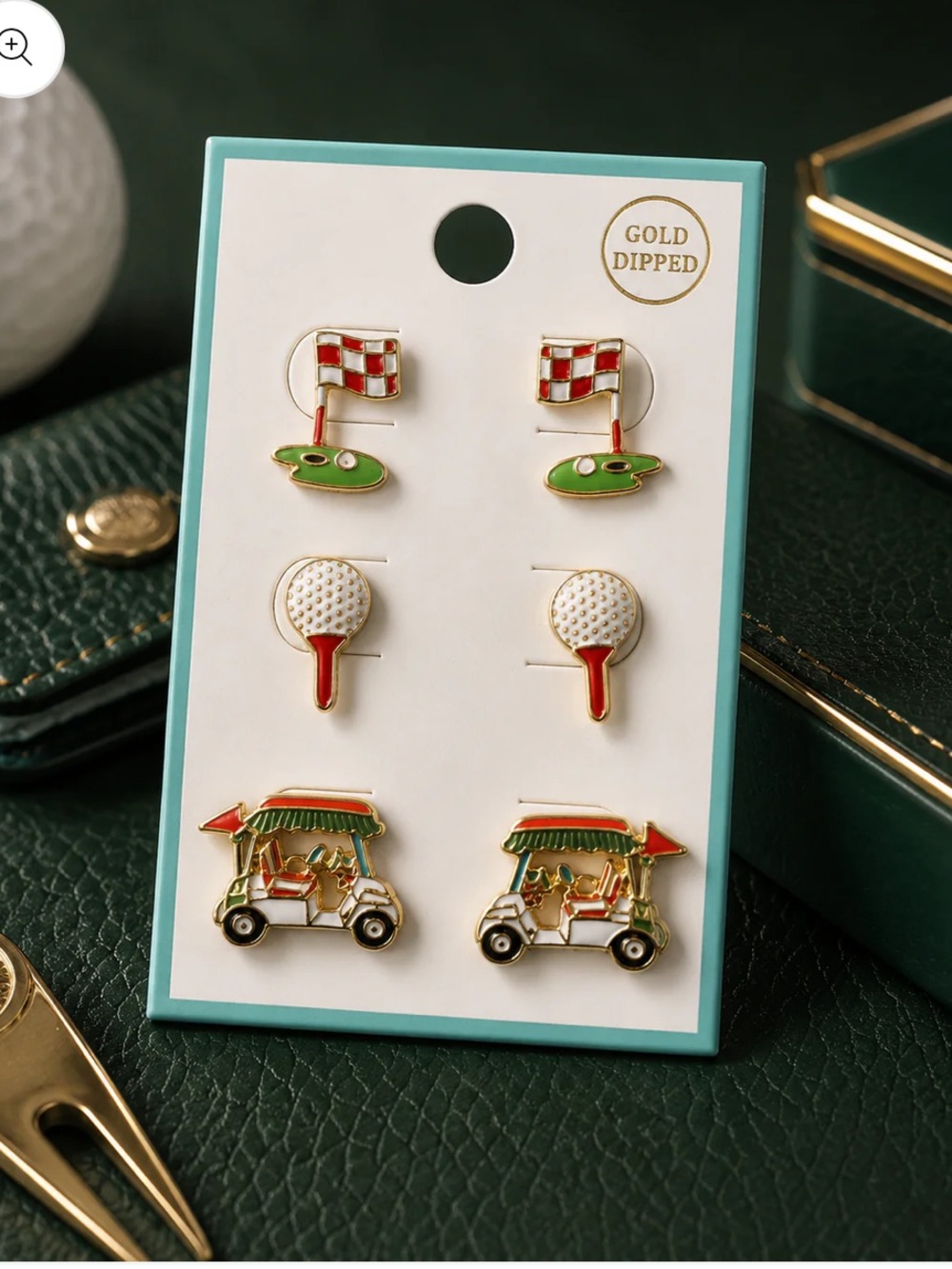 Gold Dipped Golf Trio Stud Earrings - Picture 3 of 3